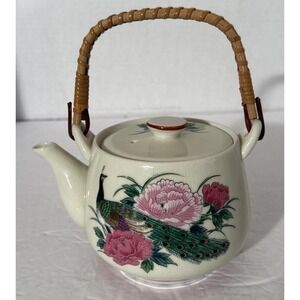 Japanese Ivory Teapot W/ Beautiful Peacock & Floral Design-Bamboo Wrapped Handle